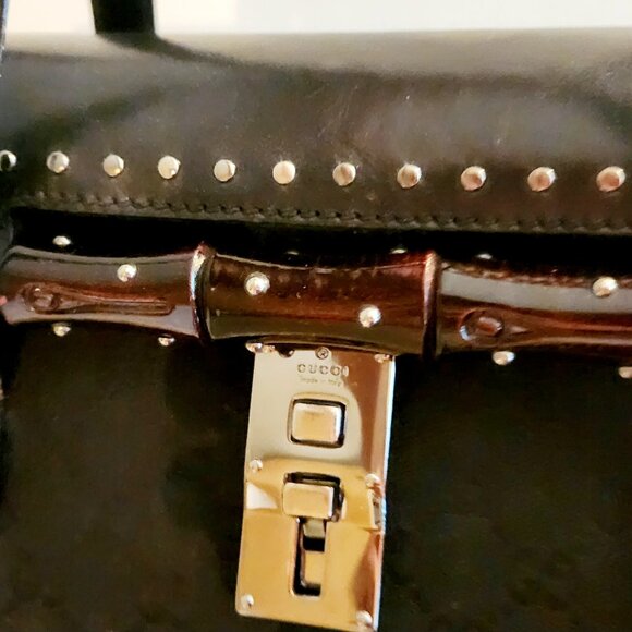 Authentic Gucci Monogram Bullet Satchel Handbag with Bamboo Accent & Dust Bag - Picture 8 of 16